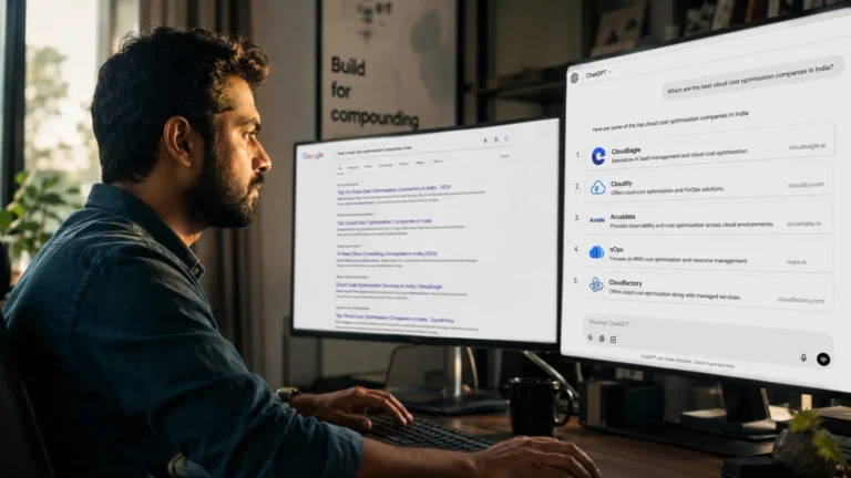 A founder reviewing a ChatGPT response listing competitor brands while their own company is absent, illustrating generative engine optimisation strategy.