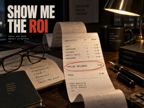 B2B social media ROI shown as a receipt listing likes and impressions at zero and pipeline influenced circled in red