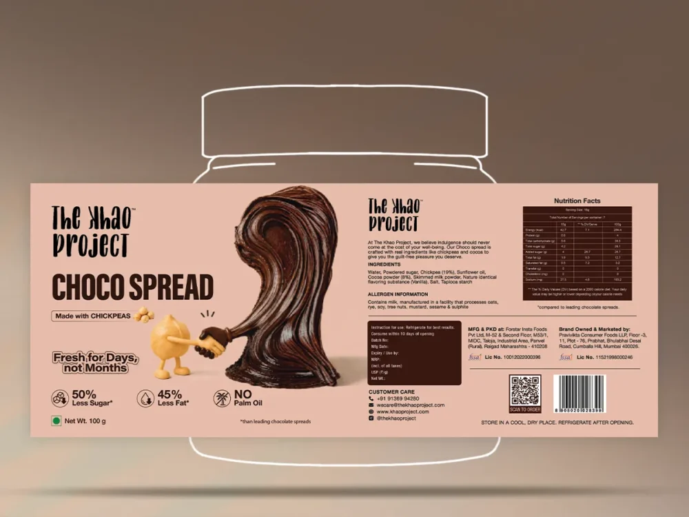food packaging design for The Khao Project chocolate spread jar label with front, nutrition and back panels