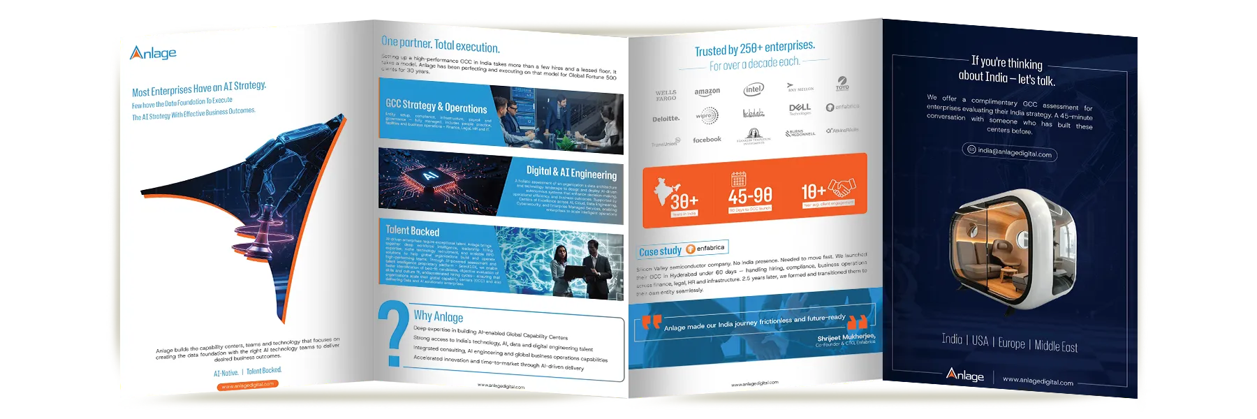 brochure design for IT companies: Anlage event standee with client logos and key stats on a light data-network background