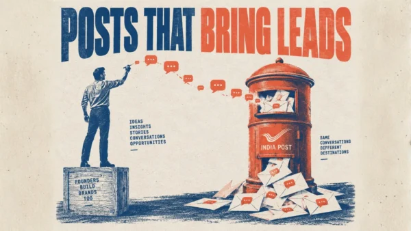LinkedIn for B2B lead generation illustrated by a founder on a soapbox and a red post box overflowing with inbound messages