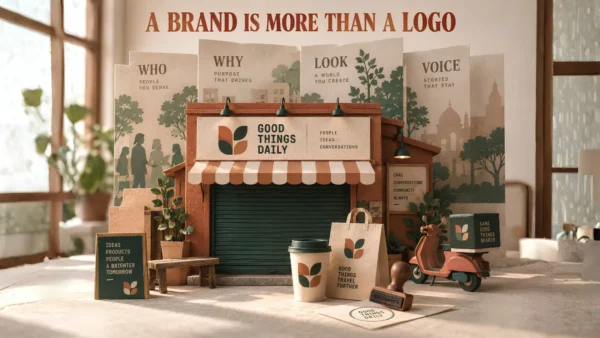 brand identity for small businesses and startup shown as a paper-craft shopfront with matching signage, packaging and stamp